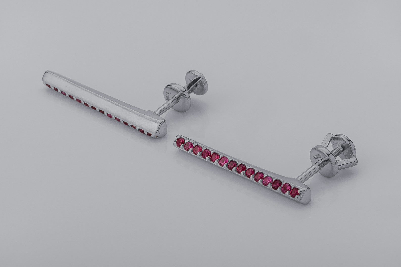 Strict Personality Earrings with Red Gems, Rhodium Plated 925 Silver - vikingworkshop