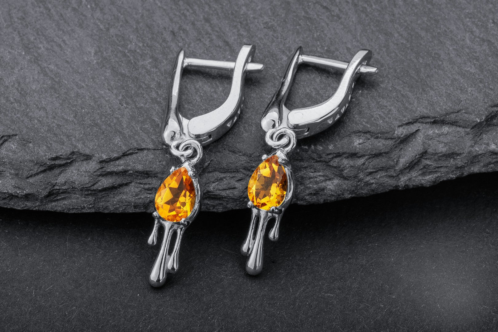 Candle Light Earrings with Citrine, Rhodium plated 925 silver - vikingworkshop