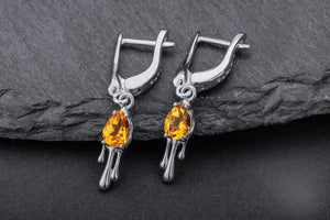 Candle Light Earrings with Citrine, Rhodium plated 925 silver - vikingworkshop