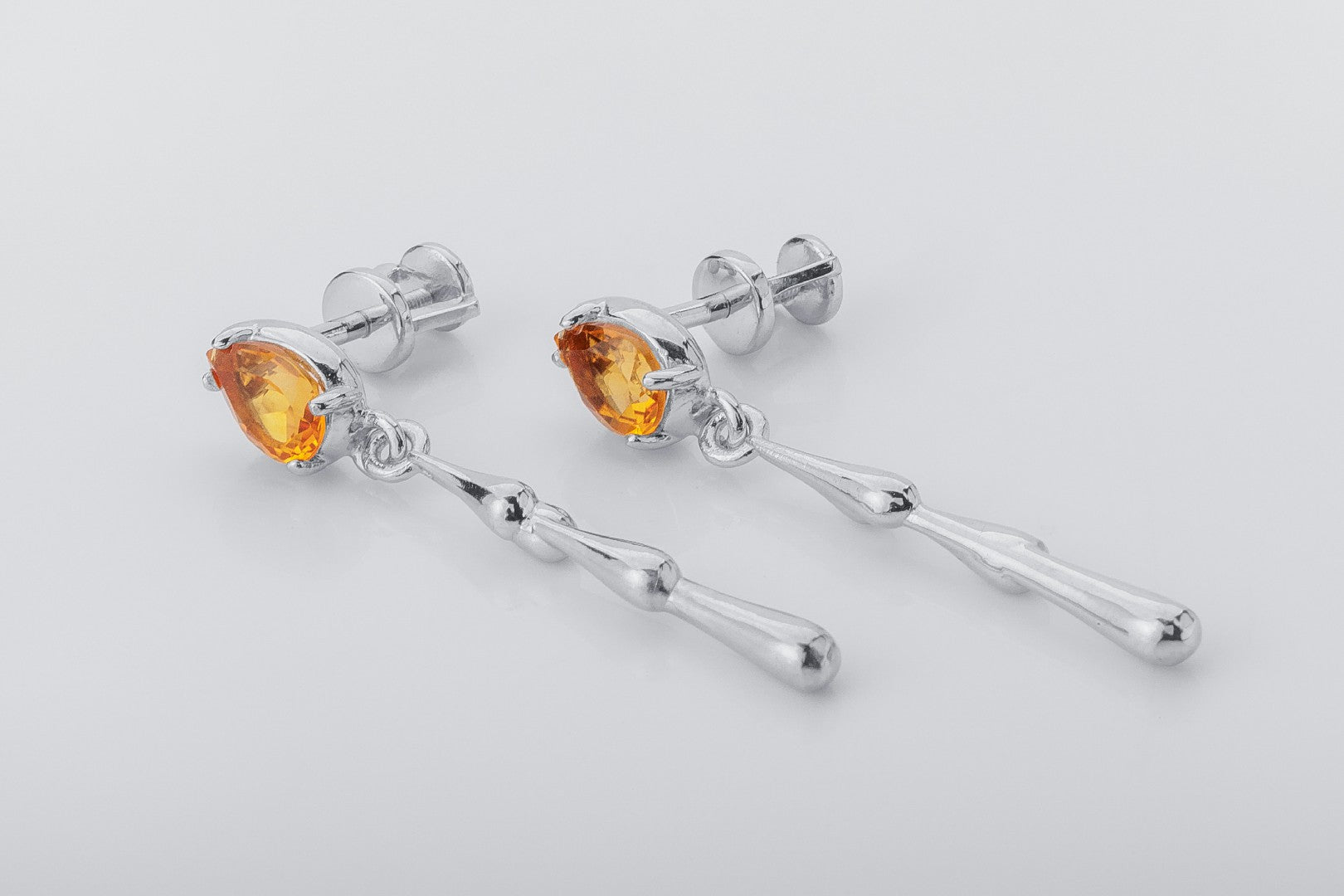 Candle Flame Citrine Earrings with Wax Droplets, Rhodium plated 925 Silver