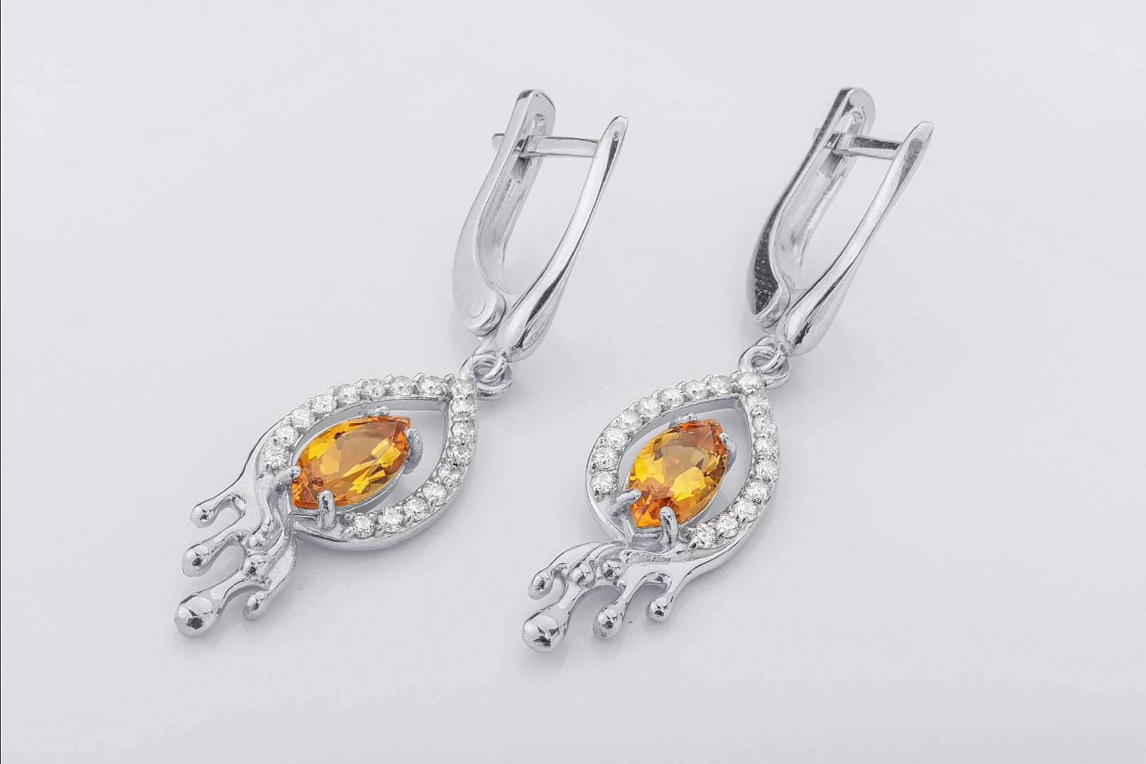 Citrine Candle Flame Earrings, Rhodium plated 925 silver