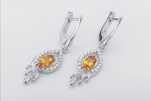 Citrine Candle Flame Earrings, Rhodium plated 925 silver - vikingworkshop