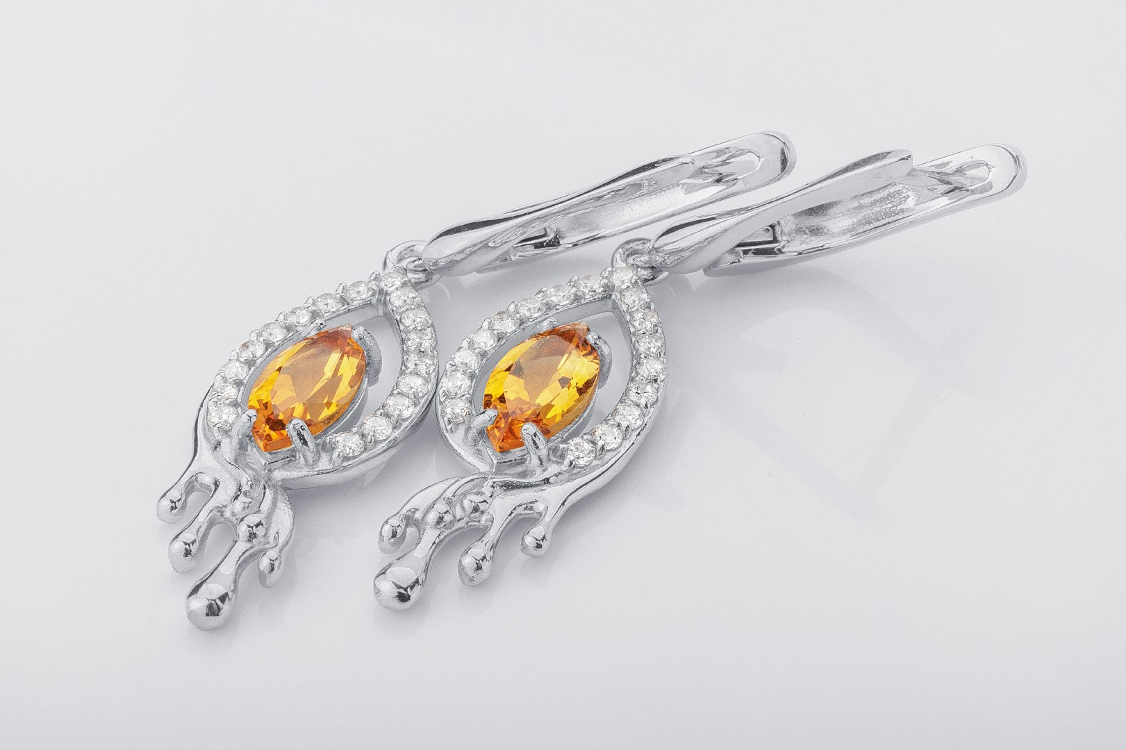 Citrine Candle Flame Earrings, Rhodium plated 925 silver - vikingworkshop