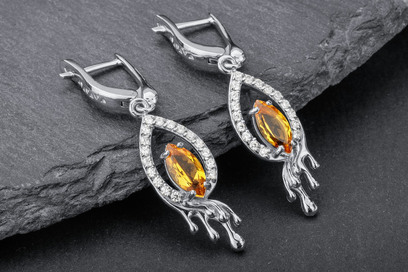 Citrine Candle Flame Earrings, Rhodium plated 925 silver - vikingworkshop