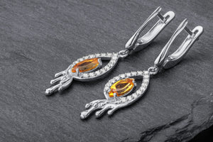 Citrine Candle Flame Earrings, Rhodium plated 925 silver - vikingworkshop