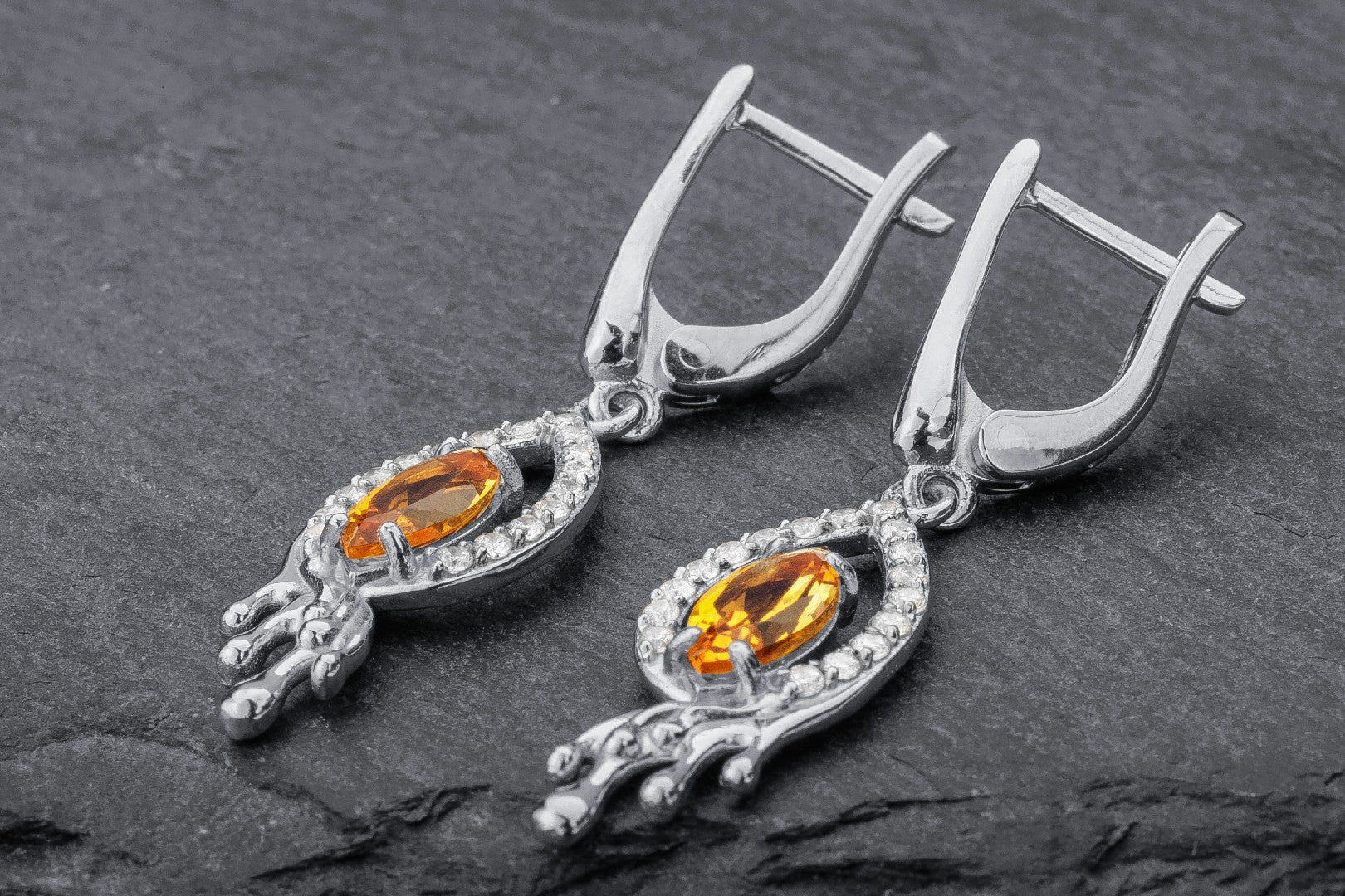 Citrine Candle Flame Earrings, Rhodium plated 925 silver - vikingworkshop