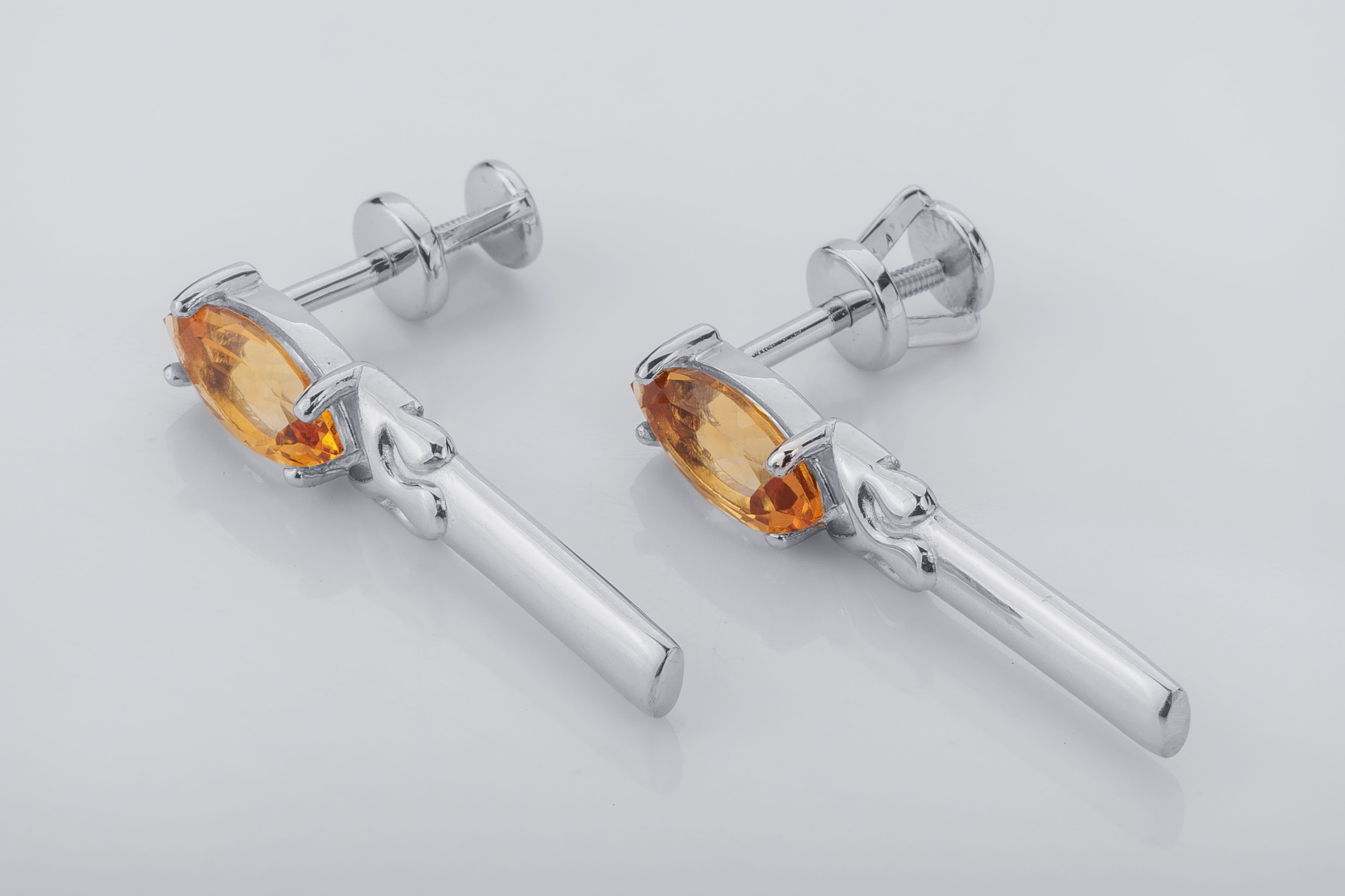 Candle Earrings with Citrine, Rhodium plated 925 silver - vikingworkshop