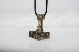 Thor's Hammer Pendant Bronze Mjolnir Wooden Style - vikingworkshop