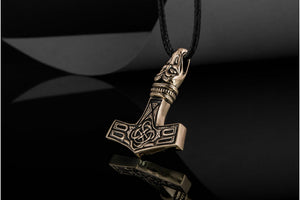 Thor's Hammer Pendant Bronze Mjolnir with Raven - vikingworkshop