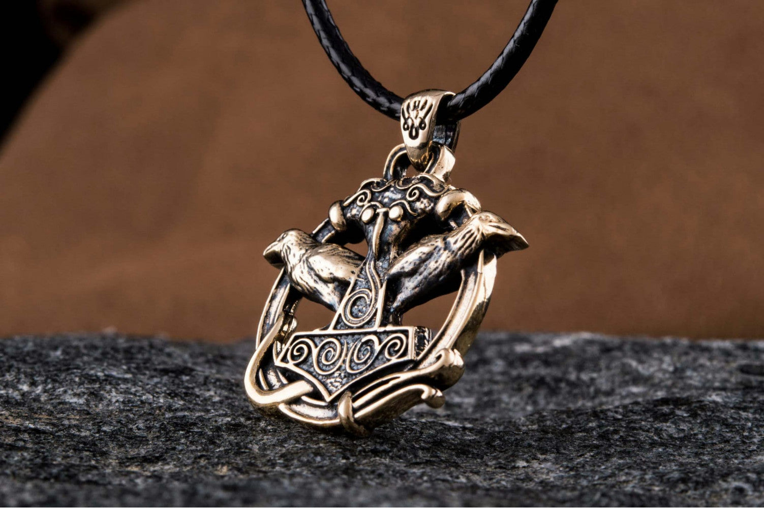 Thors Hammer with Ravens Pendant Bronze Handcrafted Jewelry - vikingworkshop