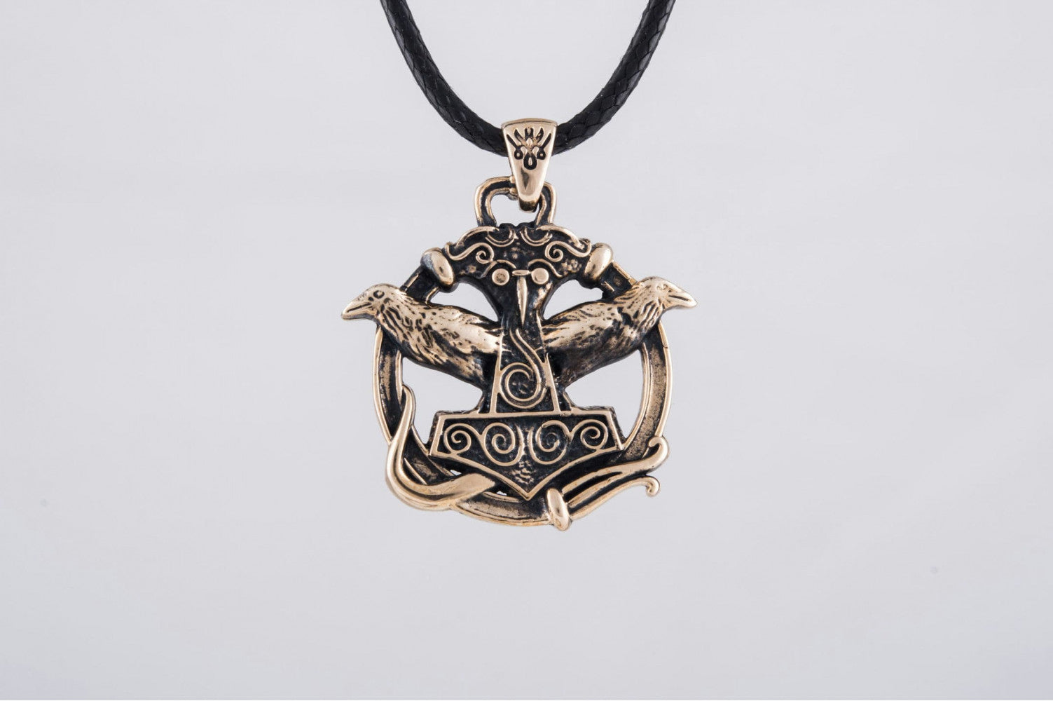 Thors Hammer with Ravens Pendant Bronze Handcrafted Jewelry - vikingworkshop