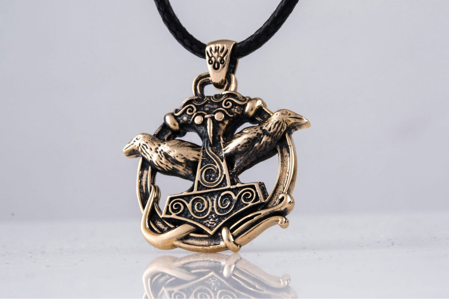 Thors Hammer with Ravens Pendant Bronze Handcrafted Jewelry - vikingworkshop