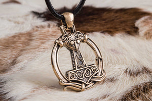 Thors Hammer Pendant with Ornament Bronze Unique Handmade Jewelry - vikingworkshop