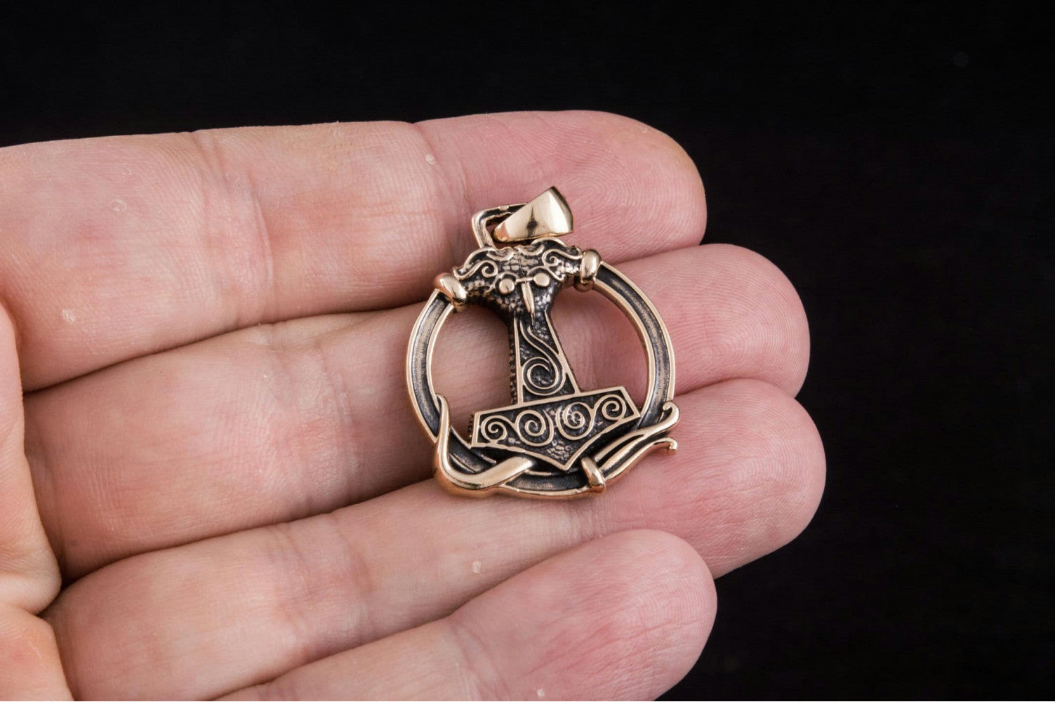 Thors Hammer Pendant with Ornament Bronze Unique Handmade Jewelry - vikingworkshop