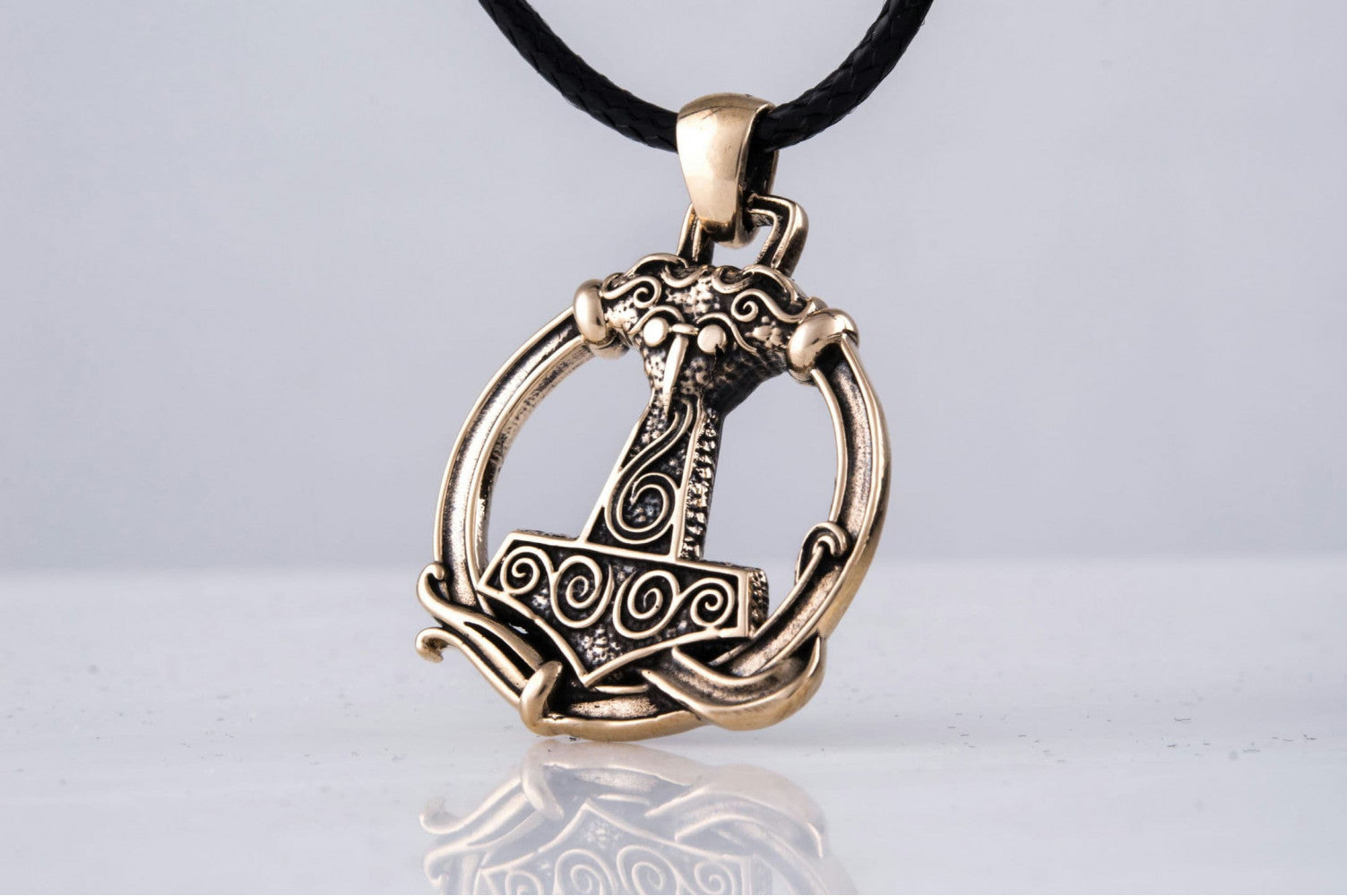 Thors Hammer Pendant with Ornament Bronze Unique Handmade Jewelry - vikingworkshop