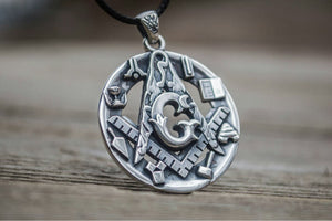 Masonic Pendant with Symbols Sterling Silver Handmade Jewelry - vikingworkshop