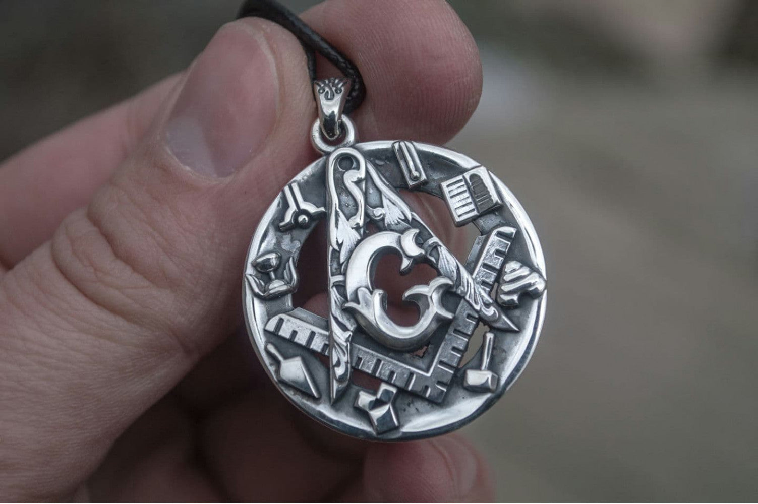 Masonic Pendant with Symbols Sterling Silver Handmade Jewelry - vikingworkshop