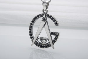 925 Silver Pendant With Minimalistic Masonic Symbol And Gems, Handmade Jewelry - vikingworkshop