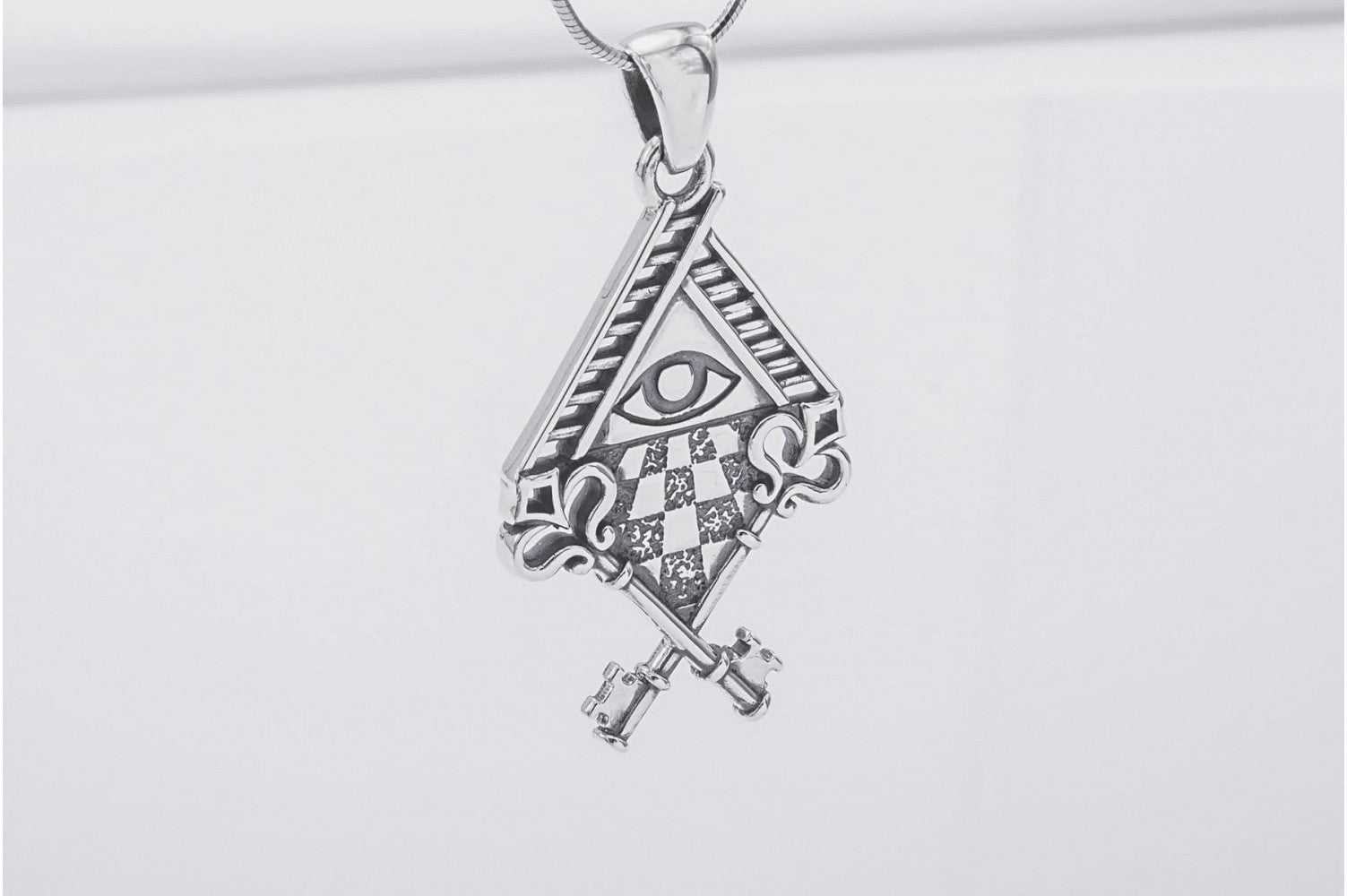 Sterling Silver Chess Board Pendant with All Seeing Eye and Keys, Handmade Masonic Jewelry - vikingworkshop