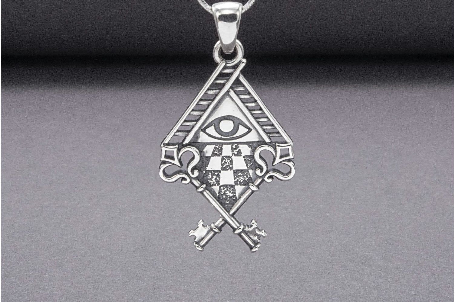 Sterling Silver Chess Board Pendant with All Seeing Eye and Keys, Handmade Masonic Jewelry - vikingworkshop