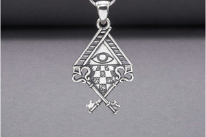 Sterling Silver Chess Board Pendant with All Seeing Eye and Keys, Handmade Masonic Jewelry - vikingworkshop