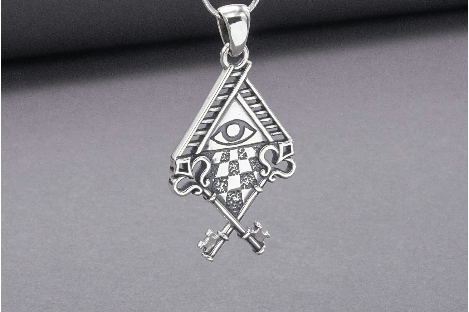 Sterling Silver Chess Board Pendant with All Seeing Eye and Keys, Handmade Masonic Jewelry - vikingworkshop