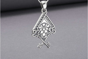 Sterling Silver Chess Board Pendant with All Seeing Eye and Keys, Handmade Masonic Jewelry - vikingworkshop