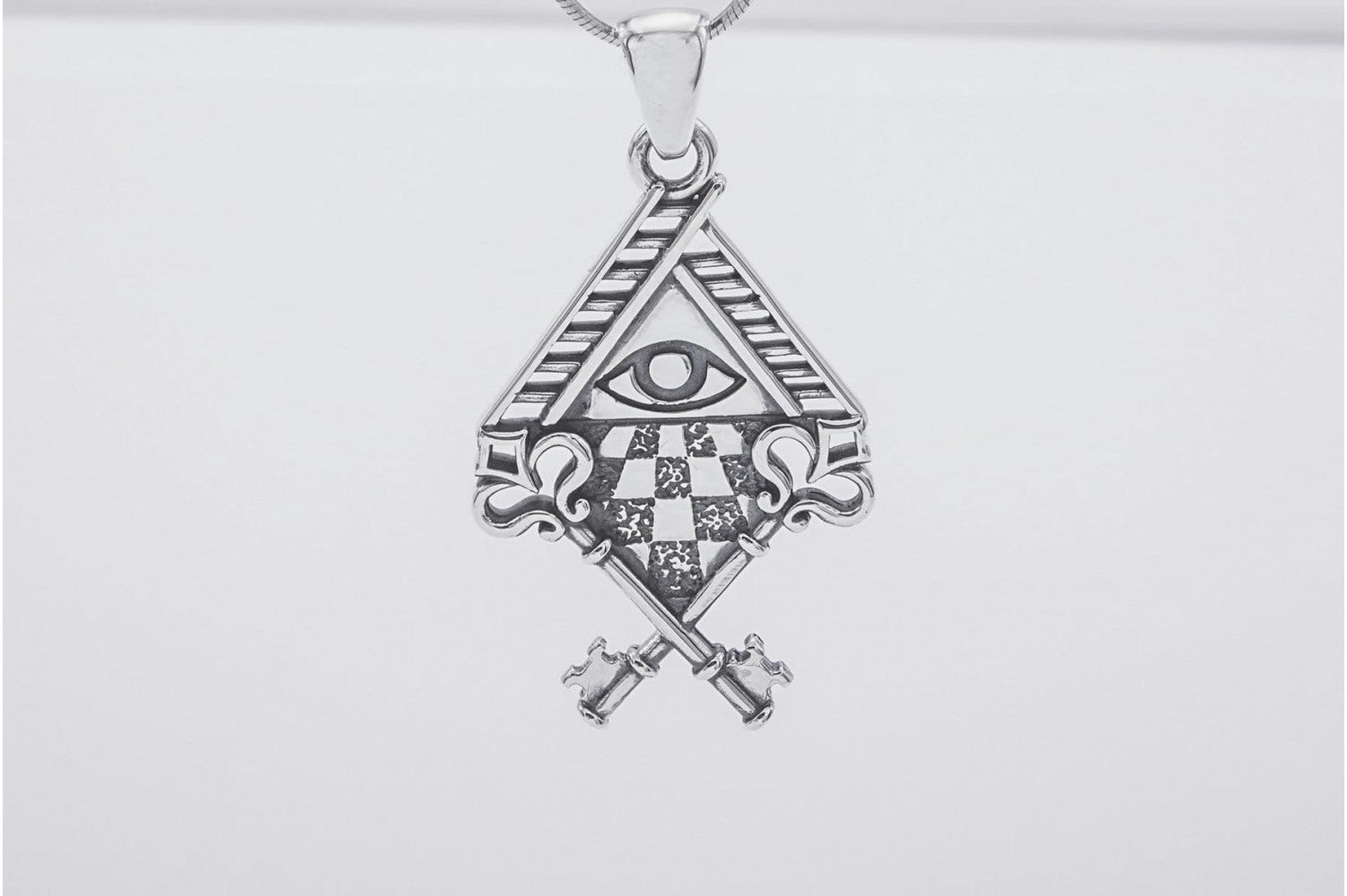 Sterling Silver Chess Board Pendant with All Seeing Eye and Keys, Handmade Masonic Jewelry - vikingworkshop