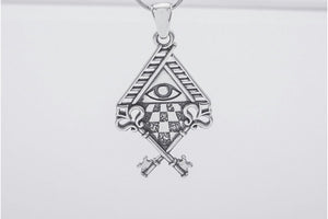 Sterling Silver Chess Board Pendant with All Seeing Eye and Keys, Handmade Masonic Jewelry - vikingworkshop