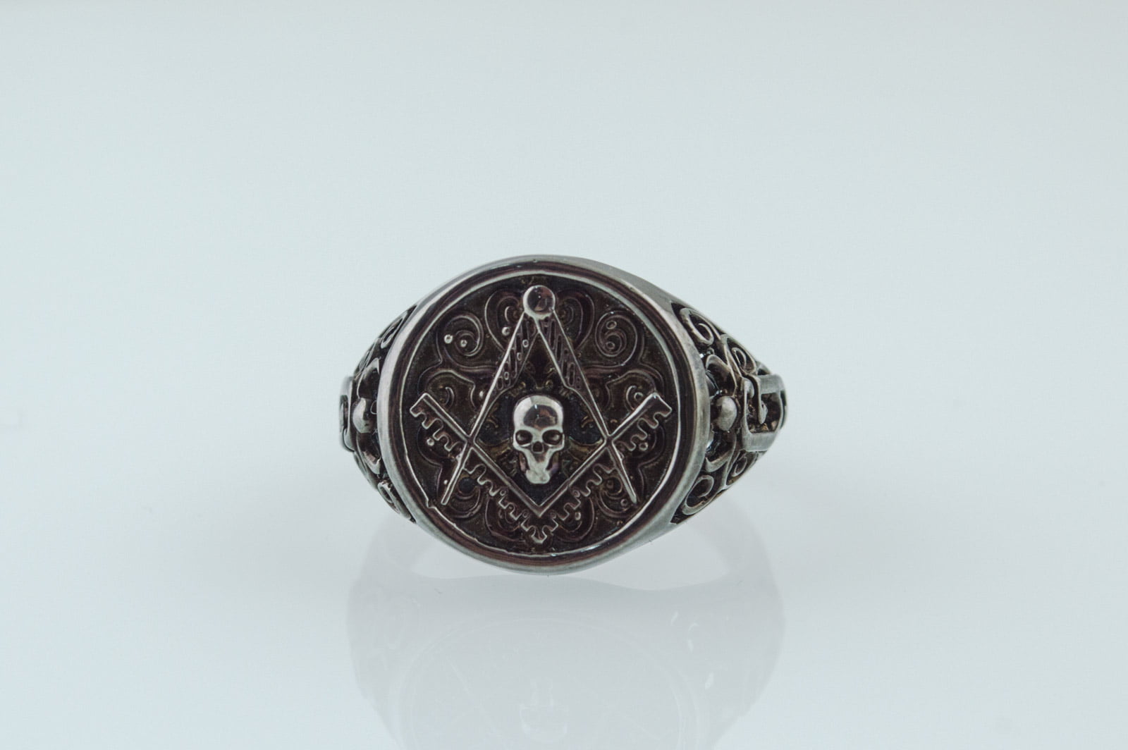 Ring with Masonic Symbol Ruthenium Plated Sterling Silver Black Limited Edition Jewelry - vikingworkshop