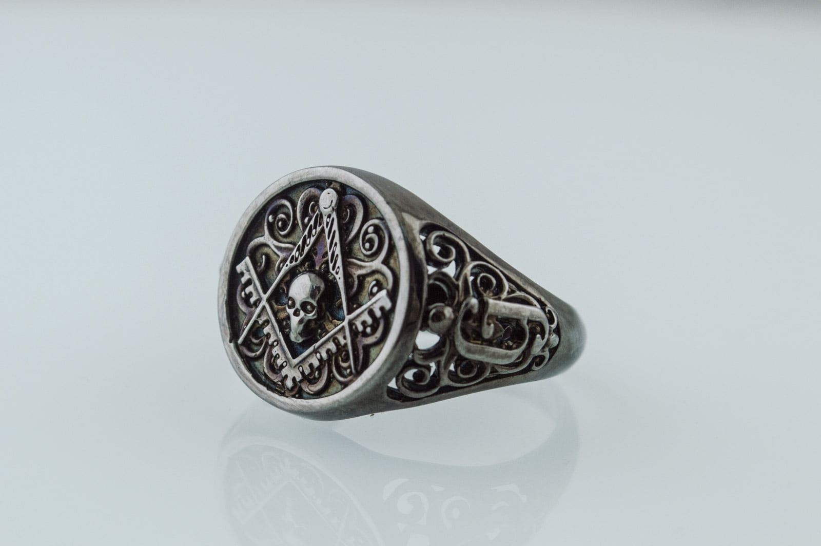 Ring with Masonic Symbol Ruthenium Plated Sterling Silver Black Limited Edition Jewelry - vikingworkshop