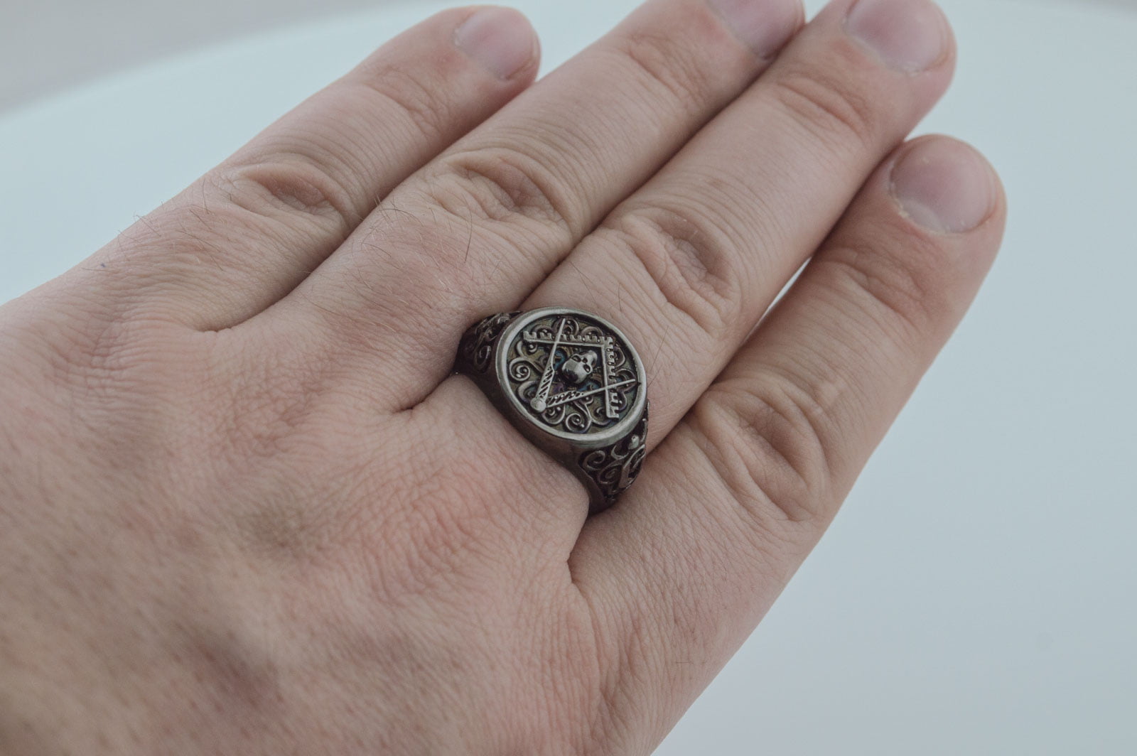 Ring with Masonic Symbol Ruthenium Plated Sterling Silver Black Limited Edition Jewelry - vikingworkshop