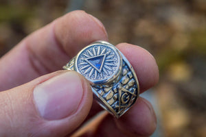 Masonic Ring with Blue Cubic Zirconia Sterling Silver Handcrafted Jewelry - vikingworkshop