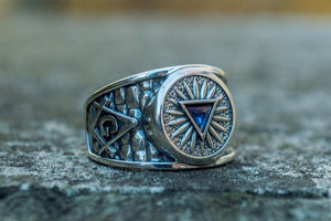 Masonic Ring with Blue Cubic Zirconia Sterling Silver Handcrafted Jewelry - vikingworkshop