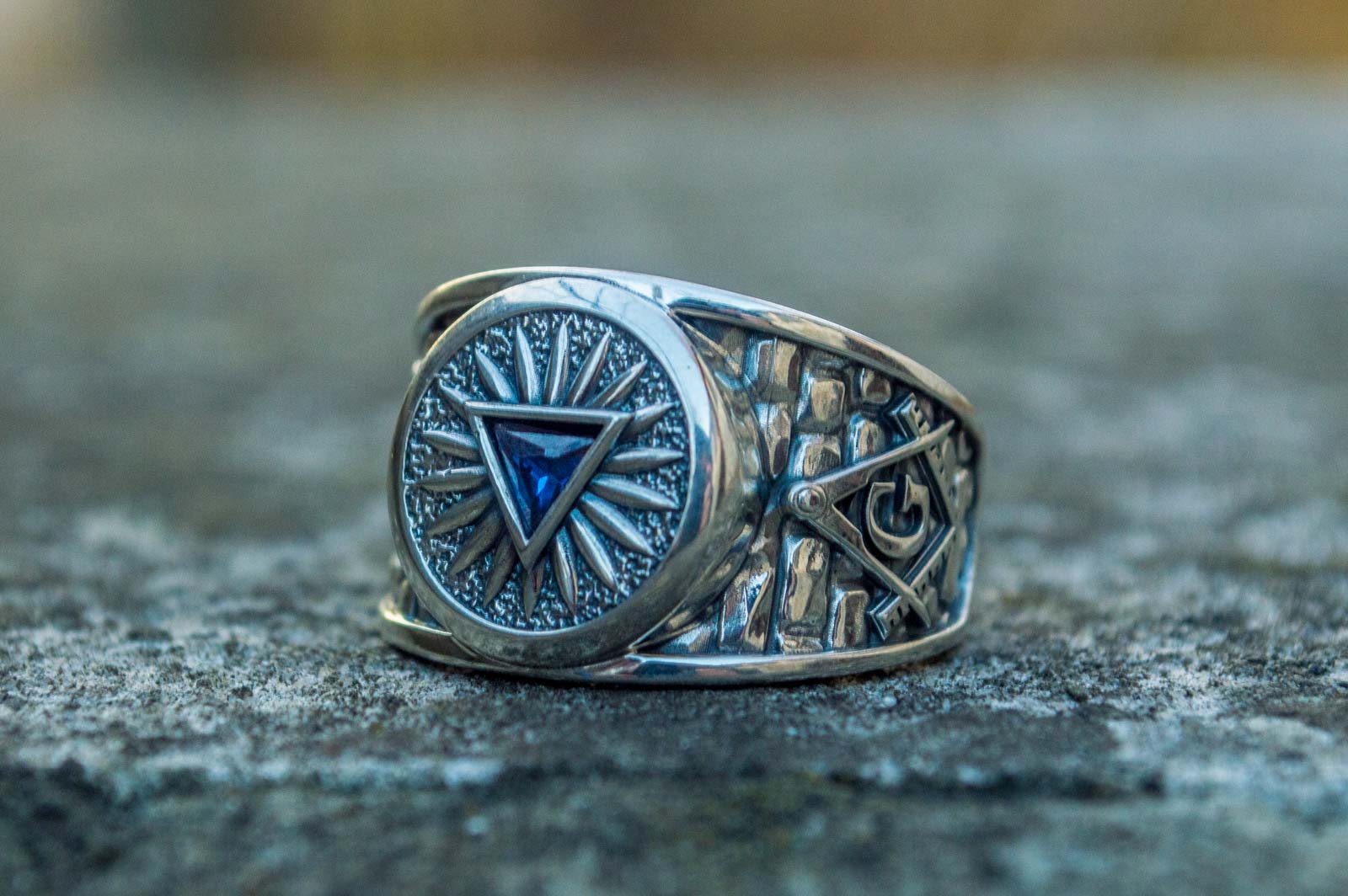 Masonic Ring with Blue Cubic Zirconia Sterling Silver Handcrafted Jewelry - vikingworkshop