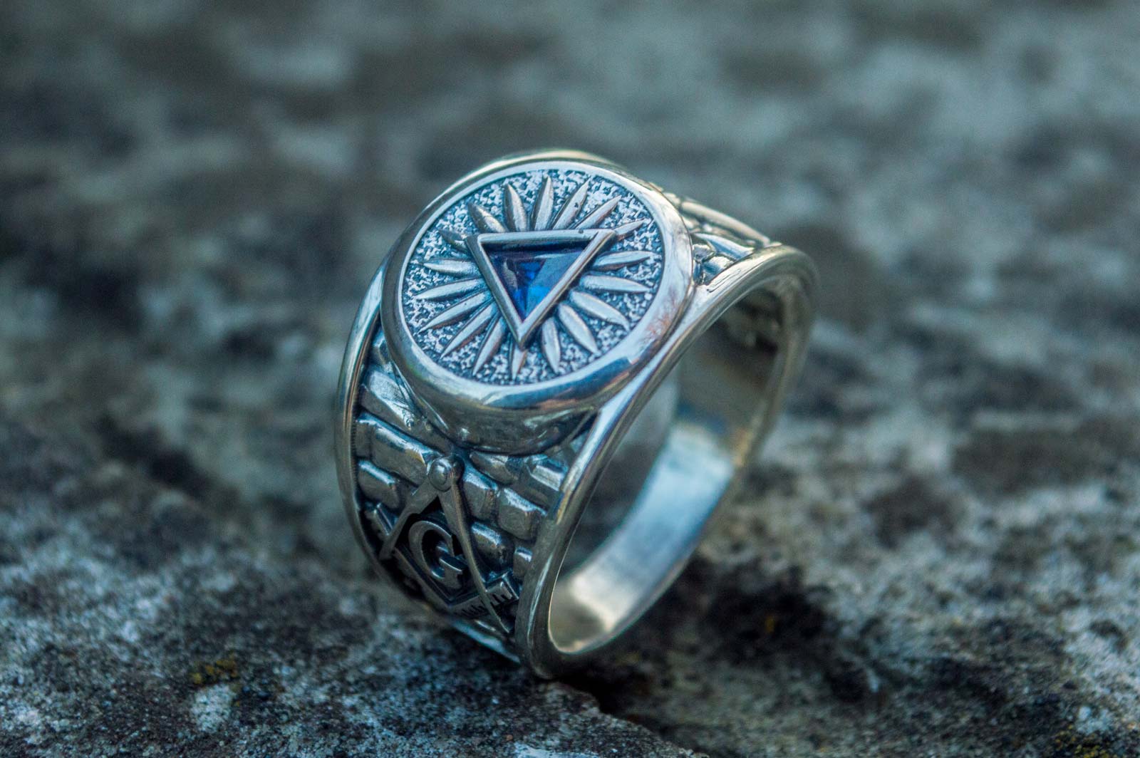 Masonic Ring with Blue Cubic Zirconia Sterling Silver Handcrafted Jewelry - vikingworkshop