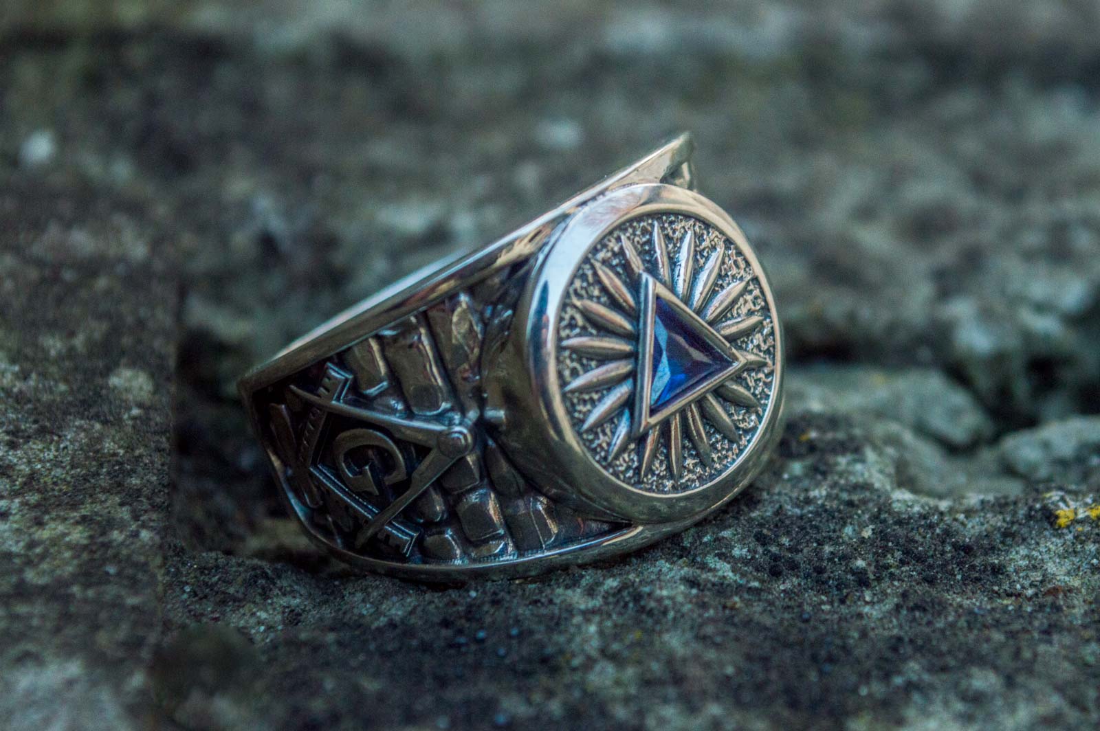 Masonic Ring with Blue Cubic Zirconia Sterling Silver Handcrafted Jewelry - vikingworkshop