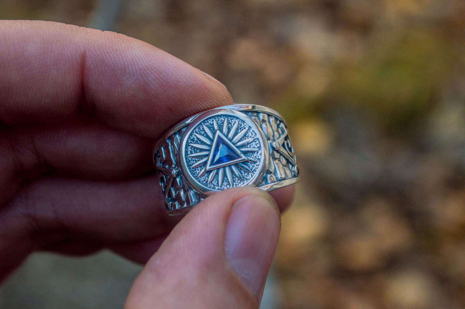 Masonic Ring with Blue Cubic Zirconia Sterling Silver Handcrafted Jewelry - vikingworkshop