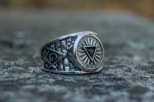 Masonic Ring with Black Cubic Zirconia Sterling Silver Handcrafted Jewelry - vikingworkshop