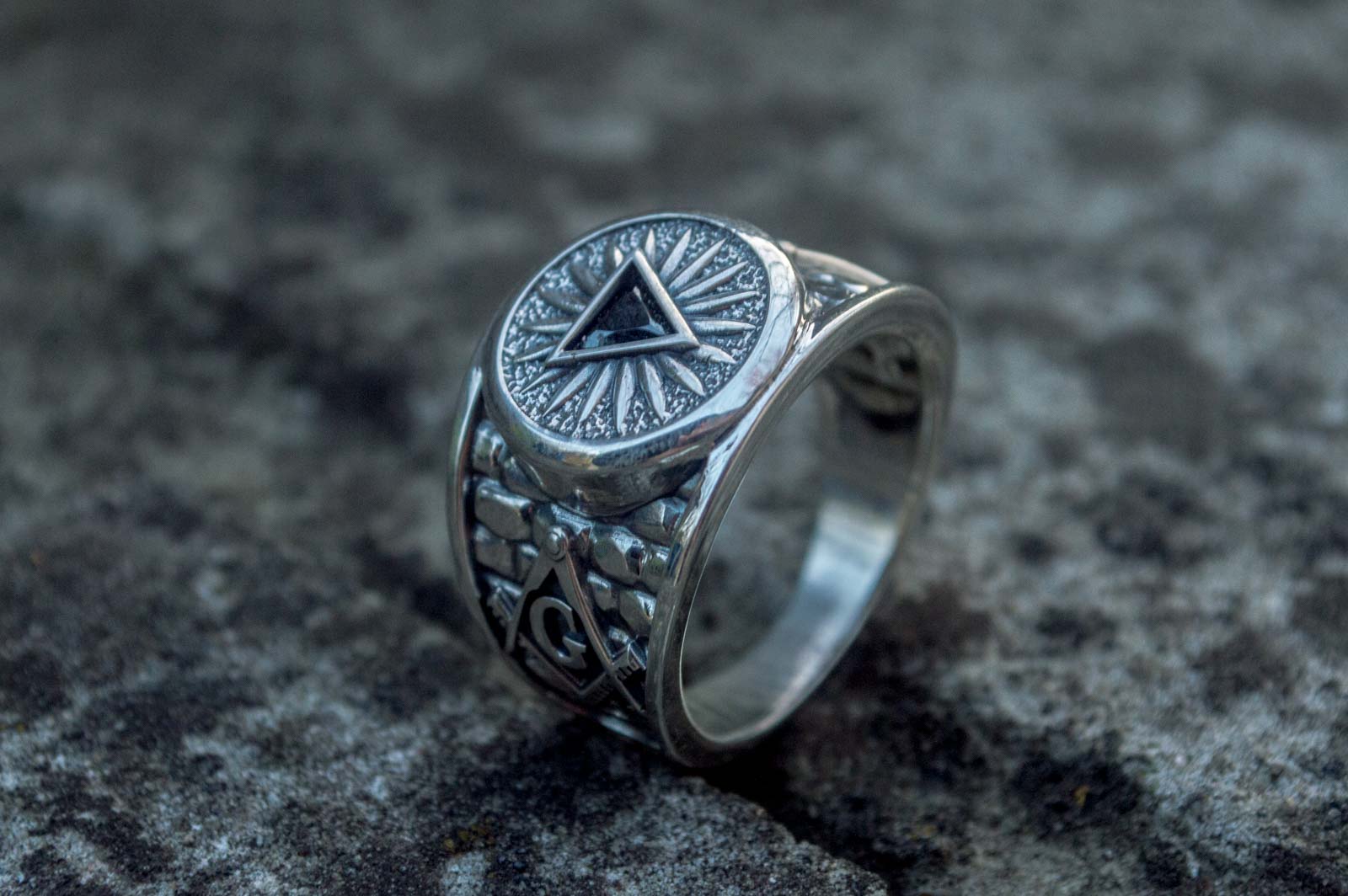 Masonic Ring with Black Cubic Zirconia Sterling Silver Handcrafted Jewelry - vikingworkshop