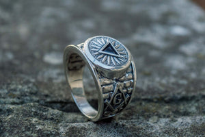 Masonic Ring with Black Cubic Zirconia Sterling Silver Handcrafted Jewelry - vikingworkshop