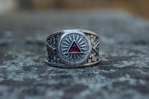 Masonic Ring with Red Cubic Zirconia Sterling Silver Handcrafted Jewelry - vikingworkshop