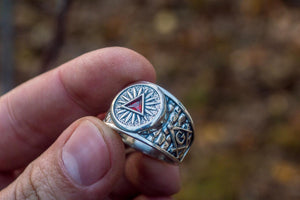 Masonic Ring with Red Cubic Zirconia Sterling Silver Handcrafted Jewelry - vikingworkshop