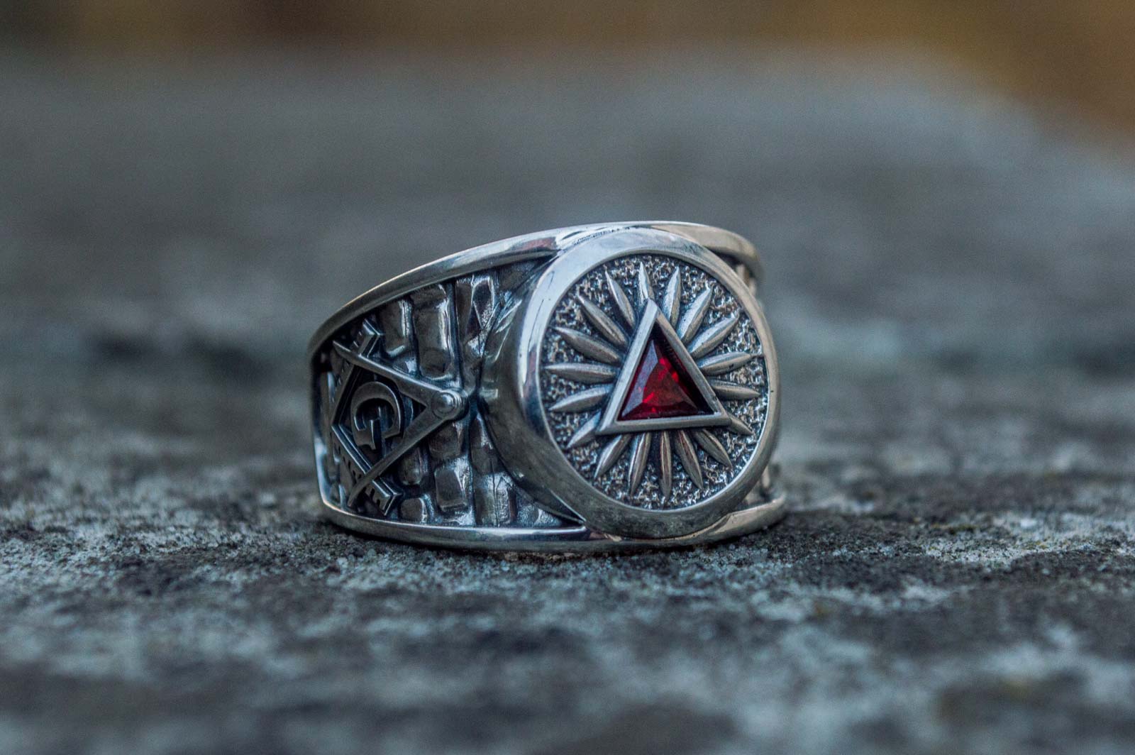 Masonic Ring with Red Cubic Zirconia Sterling Silver Handcrafted Jewelry - vikingworkshop