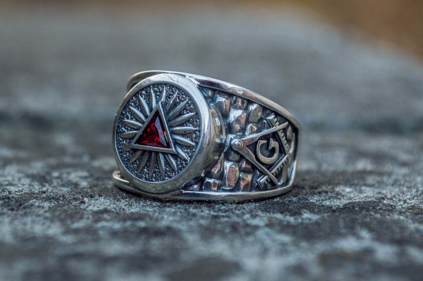 Masonic Ring with Red Cubic Zirconia Sterling Silver Handcrafted Jewelry - vikingworkshop