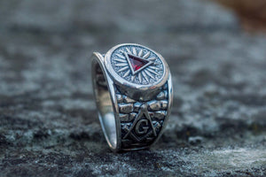 Masonic Ring with Red Cubic Zirconia Sterling Silver Handcrafted Jewelry - vikingworkshop