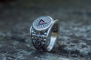 Masonic Ring with Red Cubic Zirconia Sterling Silver Handcrafted Jewelry - vikingworkshop