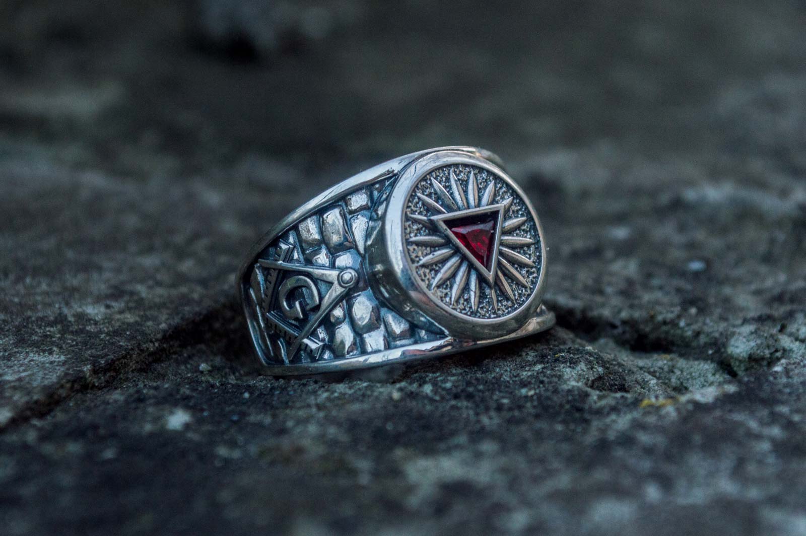 Masonic Ring with Red Cubic Zirconia Sterling Silver Handcrafted Jewelry - vikingworkshop