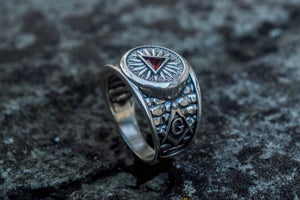 Masonic Ring with Red Cubic Zirconia Sterling Silver Handcrafted Jewelry - vikingworkshop