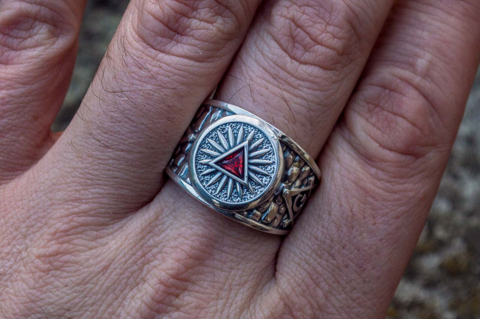 Masonic Ring with Red Cubic Zirconia Sterling Silver Handcrafted Jewelry - vikingworkshop